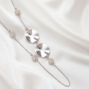 Chic Polished Silver Rhinestone Disc Necklace – Long 38” Women’s Fashion Jewelry
